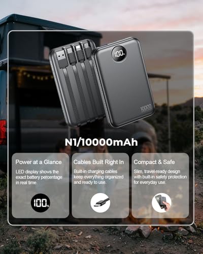 Portable Charger 10000mAh with 4 Built-in Cables 40% Smaller (Ebony)