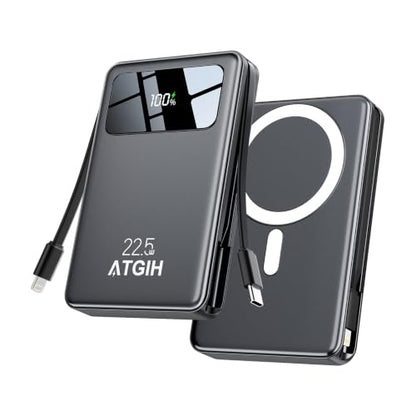 10000mAh Magnetic Wireless Power Bank, 5-in-1 Portable Charger with 2 Built-in Cables, 22.5W PD Fast Charging Magnetic Battery Pack for iPhone 17/16/15/14/13/12 and All Series，Black - color: Black