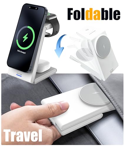 3 in 1 Wireless Charging Station, Magnetic Foldable Wireless Charger, Fast Travel Charger Stand for iPhone 17/16/15/14/13/12/Apple Watch/Airpods(20W PD Adapter Included)