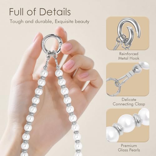 SURPHY Phone Charm, Handmade Beaded Phone Wrist Strap with Tether Tab - color: A- Pearl Silver