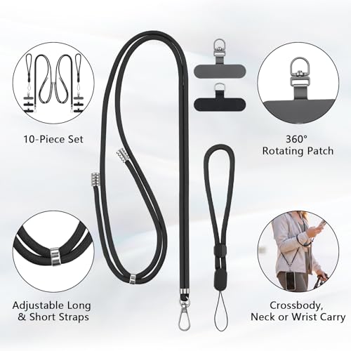 BESARME 2-Pack Phone Lanyard And Wrist Strap Set With Tether Tabs, Black - color: Black