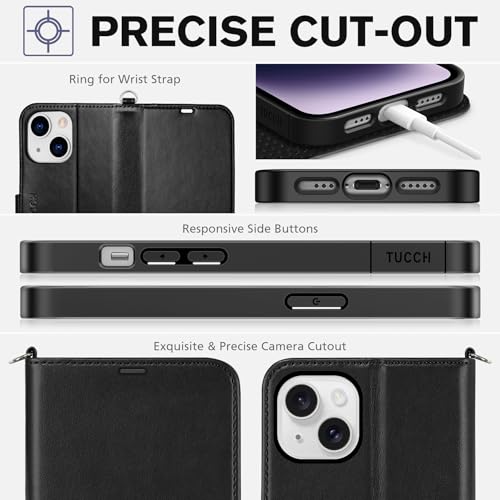 TUCCH Wallet Case with Wrist Strap for iPhone 14 (6.1") 2022, Black | 4 Card Holders, RFID Blocking, Viewing Stand, Shockproof TPU Shell, PU Leather, Magnetic Closure, Folio Flip Cover - color: Black with Strap