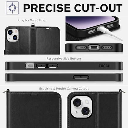 TUCCH Wallet Case with Wrist Strap for iPhone 14 (6.1") 2022, Black | 4 Card Holders, RFID Blocking, Viewing Stand, Shockproof TPU Shell, PU Leather, Magnetic Closure, Folio Flip Cover - color: Black with Strap