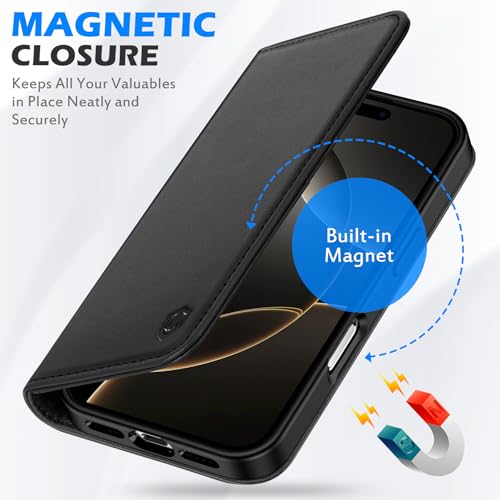 SHIELDON Genuine Leather Wallet Case for iPhone 16 Pro Max 6.9" 2024, Black | Flip Magnetic Cover, Kickstand, RFID Blocking, 3 Credit Card Holder, Book Design, Shockproof, Soft Inner Phone Case - color: Black