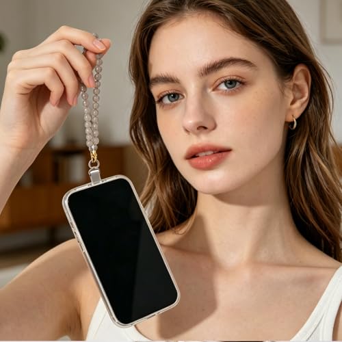 Agate Beaded Phone Wrist Strap for Women Men Stone Beads Charm Handmade Cellphone Chain Lanyard with Tether Tab - color: Grey-1, size: 6mm Beads