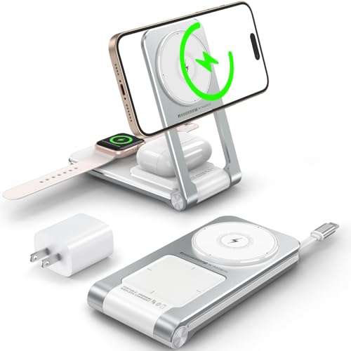 3 in 1 Magnetic Wireless Charger,Foldable Charging Station Built-in Retractable Cable,15W Portable Wireless Charging Stand for iPhone 16 15 14 13 12,Apple Watch,AirPods (20W Adapter) (White) - color: White