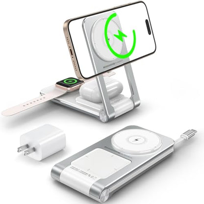 3 in 1 Magnetic Wireless Charger,Foldable Charging Station Built-in Retractable Cable,15W Portable Wireless Charging Stand for iPhone 16 15 14 13 12,Apple Watch,AirPods (20W Adapter) (White) - color: White