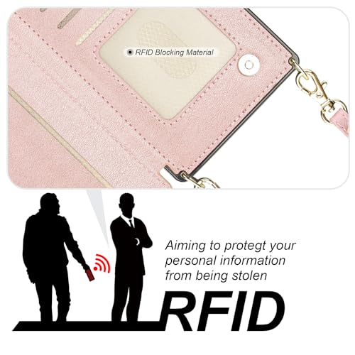 Bocasal Crossbody Wallet Case with Strap for iPhone 16 Pro Max, Rose Gold | RFID Blocking Card Slot Holder, Magnetic Flip Folio Purse Case, PU Leather Zipper Handbag Detachable Lanyard Strap 6.9 Inch - color: Rose Gold