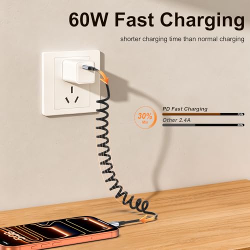 2 Pack Coiled USB C to USB C Cable, 3FT 60W USBC Fast Charging Car Charger - size: 4FT