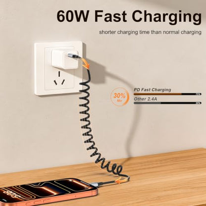 2 Pack Coiled USB C to USB C Cable, 3FT 60W USBC Fast Charging Car Charger - size: 4FT