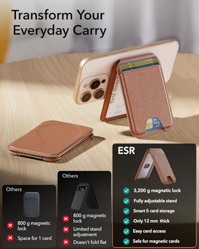 ESR for MagSafe Wallet with Adjustable Stand, 5 Card Holder | RFID Blocking, MagSafe Ring Included, Strong Magnetic Wallet for iPhone 17 Pro Max 17e 16 15 14 13 12, Selected Samsung,Brown - color: Brown