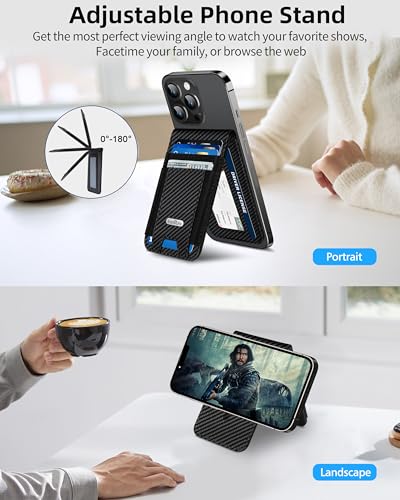 For Magsafe Wallet Stand, Fit 9 Cards, Strongest Magnetic Wallet | RFID Blocking, Leather Magnetic Phone Wallet for iPhone 17/16/15/14/13/12 Series, ID Window, 4 Card Slots, Black Carbon Fiber - color: Black Carbon Fiber