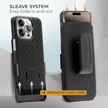 MOTIVE for iPhone 15 Pro Max Case with Belt Clip, Rigid, Kickstand | 6.7" | Ranger v1 Series, Black, 360° holster, open-top/open-bottom port access, textured grip, slim - size: iPhone 15 Pro Max