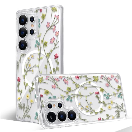 Magnetic Case for Samsung Galaxy S25 Ultra [Compatible with MagSafe] Cute Clear Flower Floral Case for Women Girls Soft TPU Bumper Hard PC Back Anti-Fall Shockproof Protective Slim Cover A8 - color: Flower Branch 1, size: Samsung Galaxy S25 Ultra Case