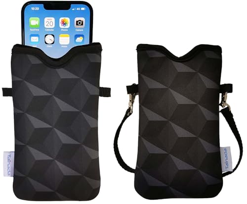 Tainada Neck Phone Pouch Case w/Crossbody Strap (Black Geometric Pattern) | For Men/Women; lightweight neoprene bag; Compatible with iPhone 17/16 Pro Max, 16e, 16/15 Plus; Samsung S26/S25, A57/A56 - color: Black Geometric Pattern