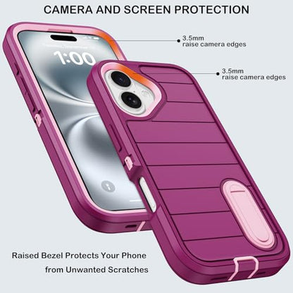 for iPhone 16 Case with Screen Protector, Heavy Duty Shockproof Drop Protection Military Grade Tri-Layer Full Covered Rugged Durable Cell Phone Cover with Built-in Invisible Kickstand 6.1" (Purple) - color: Purple