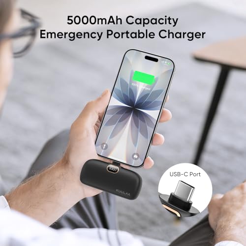 Kuulaa Portable Phone Charger with Built-in USB-C Plug, 5000mAh Mini Portable Charger Power Bank Small Battery Pack for iPhone 15/16/17 Samsung S24/S23 & Android (Black) - color: Black