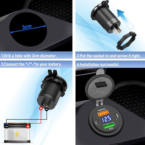 2 Pack 12V USB Outlet 4 Ports Dual USB C PD & Dual Quick Charge 3.0