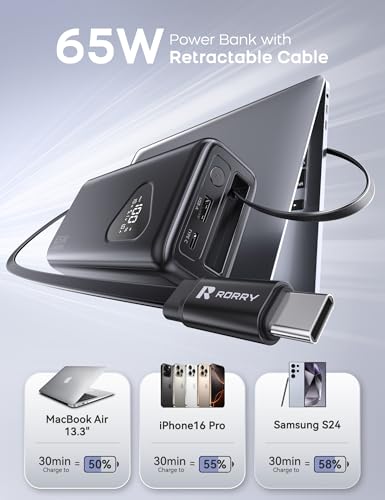 RORRY Laptop Power Bank, 25000mAh 65W Portable Charger Retractable Cables - color: Black