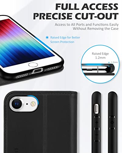 SHIELDON Genuine Leather Wallet Case for iPhone SE 2022/SE 2020/8/7, Black | Magnetic Closure, RFID Blocking, Credit Card Holder, Kickstand, Folio Design, Shockproof Phone Cover - color: Black