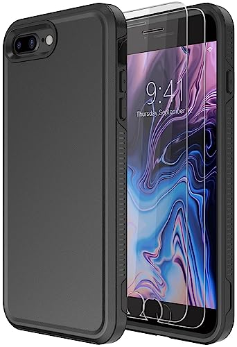 Diverbox Case for iPhone 8 Plus & 7 Plus - Tempered Glass Screen Protector, Shockproof & Dropproof Heavy Duty Protection (Black) - color: Black-2in1