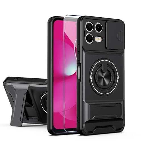 Compatible for T-Mobile Revvl 8 Pro TMRV08P5G Phone Case with HD Screen Protector, [Slide Camera Cover] [3 Stand Ways] Ring Holder Kickstand Military Grade Shockproof Protective Cover Case - Black - color: Revvl 8 Pro Black