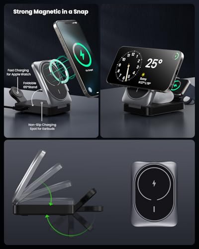 3 in 1 Wireless Charger Station for iPhone, 2026 Upgraded Travel Foldable Magnetic 15W Fast Wireless Charging Stand for Mag-Safe with 30W USB C Adapter for iPhone 17/16/15/14/13/12,Apple Watch,AirPods