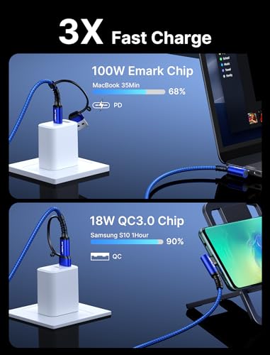 JSAUX 3-in-1 USB C Cable 2-Pack 10FT, 100W Right-Angle Fast Charging, Blue - color: Blue, size: 10FT