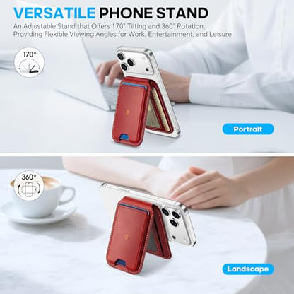 SHIELDON Genuine Leather Magnetic Wallet Stand for MagSafe, Retro Red | Strong Magnetic, 6 Card Holder, Kickstand, Angle Adjustment, Rfid Blocking, Quick-access, for iPhone 17/16/15/14/13/12 Series - color: Retro Red