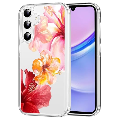 Clear Case for Samsung Galaxy A15 5G 6.5", Aesthetic Cute Hibiscus Floral Pattern Printed, Trendy Flower Design Women Girly,Soft TPU Shockproof Transparent Phone Cover for Samsung A15,Pink Red - color: Hibiscus, size: Samsung Galaxy A15 5G