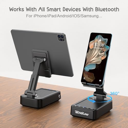 TechGlow Foldable Cellphone Stand with Bluetooth Speaker Charging Function 360° Rotatable Phone Stand Birthday Gifts for Men Women Mother Father Cool Tech Gadgets - color: Black