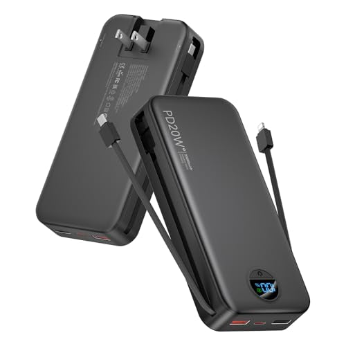 citicr Portable Charger 20000mAh PD20W w/Built-in Cables & Wall Plug Black - color: Ebony