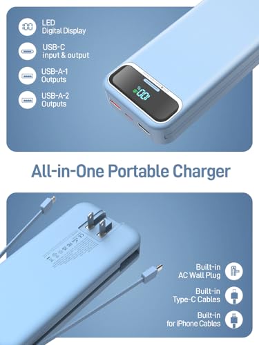 Nusyddy Portable Charger 20000mAh Fast Charging w/Built-in Wall Plug Blue - color: Azure