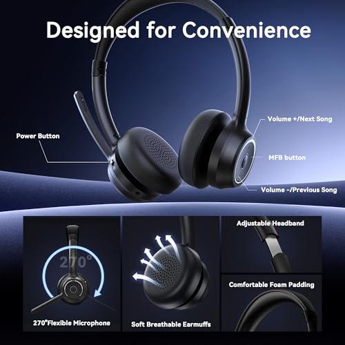 Gixxted (2026 Upgraded) Wireless Headset with Mic for Work, Bluetooth Headset with Noise Canceling Microphone, Wireless Headphones with Mic and USB Dongle and Mute, Fit for Computer/PC/Teams
