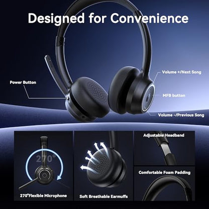 Gixxted (2026 Upgraded) Wireless Headset with Mic for Work, Bluetooth Headset with Noise Canceling Microphone, Wireless Headphones with Mic and USB Dongle and Mute, Fit for Computer/PC/Teams