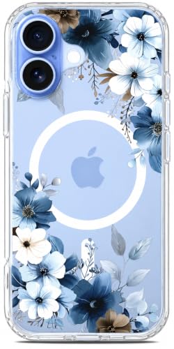 Ranz Clear Case Compatible with MagSafe for iPhone 17 – Transparent Blue Floral Case for Women Girls, Anti-Yellowing Slim Shockproof Protective Cover - Blue Flower - color: Blue Flower, size: iPhone 17