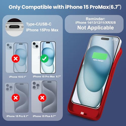 Battery Case for iPhone 15 Pro Max,Powerful 8600mah Ultra-Slim Protective Charging Case,15W Fast Charging Portable Rechargeable Expandable Battery Charger Cover for iPhone 15 Pro Max(6.7inch)-Red - color: Red