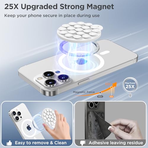 Magnetic Suction Cup Phone Mount, Compatible with MagSafe, Silicone Octo Cup Buddy Sticky Grip Holder for iPhone and Android, Removable Hands-Free Phone Stand Selfie/Video for TikTok, White - color: White
