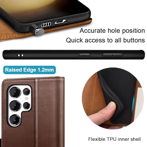 KEZiHOME Genuine Leather Wallet Case for Samsung Galaxy S25 Ultra Brown | Brown, RFID Blocking, S25 Ultra Wallet Case, Card Slot, Flip, Magnetic Stand Phone Cover Compatible with S25 Ultra - color: Brown, size: Galaxy S25 Ultra Case