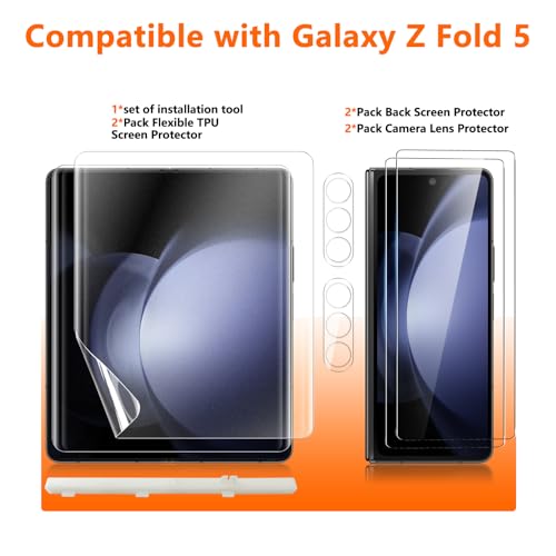 [2Set 6PCS] Screen Protector for Galaxy Z Fold 5, 2 Inner TPU Matte Films + 2 Outer Tempered Glass + 2 Camera Lens Protecters with Positional Mouting Frame, Anti-Glare, No Creases, No Bubbles - size: Samsung Galaxy Z Fold 5
