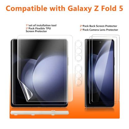 [2Set 6PCS] Screen Protector for Galaxy Z Fold 5, 2 Inner TPU Matte Films + 2 Outer Tempered Glass + 2 Camera Lens Protecters with Positional Mouting Frame, Anti-Glare, No Creases, No Bubbles - size: Samsung Galaxy Z Fold 5