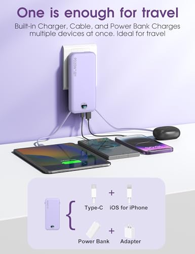 citicr Portable Charger 10000mAh PD20W w/Built-in Cables & Wall Plug Purple - color: Purple