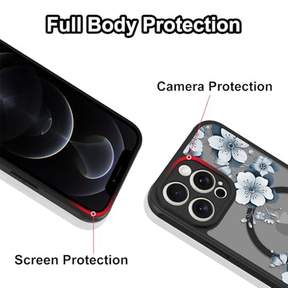 Magnetic for iPhone 12 Pro Case,White Flower | [Compatible with MagSafe] Cute Fashion Translucent Matte Hard Back Shockproof Anti-Scratch Phone Case,Ink Flower - color: Ink Flower, size: iPhone 12 Pro