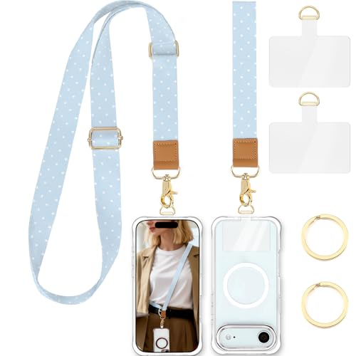 Phone Lanyard Crossbody Strap, Adjustable Neck Strap and Wristlet Strap for Phone Wallet ID Badge with 2 Phone Tabs - color: Blue Dots
