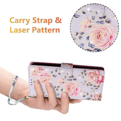 UEEBAI Wallet Case for Samsung Galaxy S23 Plus 5G, PU Leather Case Kickstand RFID Blocking Flip Case Card Slots Wrist Strap Relief Engraved Pattern Magnetic Closure Flower Folio Case, Purple Rose - color: Purple Rose, size: Samsung Galaxy S23 Plus 5G