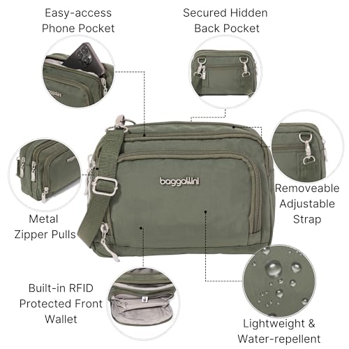 Baggallini Triple Zip with Front Wallet/Trifecta RFID Wallet Crossbody - color: Thyme