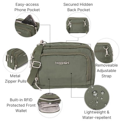 Baggallini Triple Zip with Front Wallet/Trifecta RFID Wallet Crossbody - color: Thyme