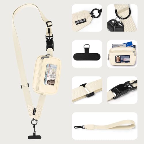 Nekmit Clip and Go Strap for Phone with Wallet Crossbody, Adjustable Phone Lanyard with Detachable Zippered Pouch & Wristlet - color: Beige