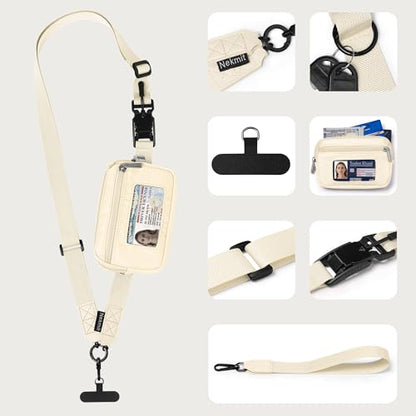 Nekmit Clip and Go Strap for Phone with Wallet Crossbody, Adjustable Phone Lanyard with Detachable Zippered Pouch & Wristlet - color: Beige