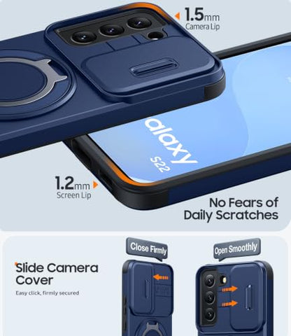 JAME for Samsung Galaxy S22 Case with Ring Stand & Slide Camera Cover Blue - color: Blue, size: Galaxy S22